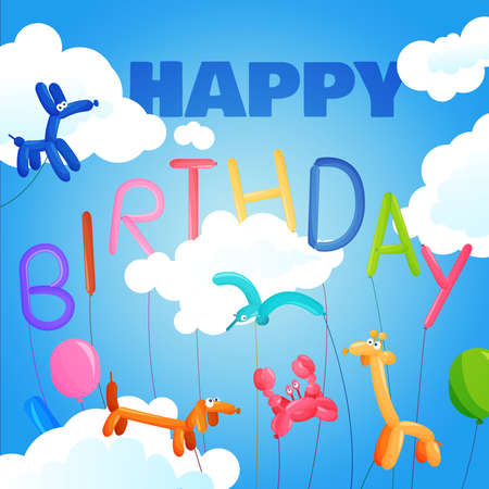 Happy birthday postcard template with balloon animals on sky background vector illustrationのイラスト素材