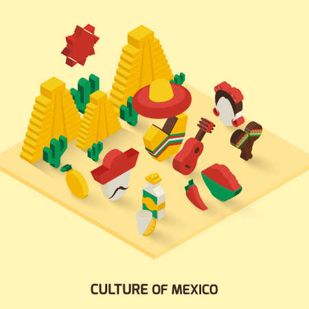 Mexican decorative icon isometric concept with pyramid guitar maraca vector illustrationのイラスト素材