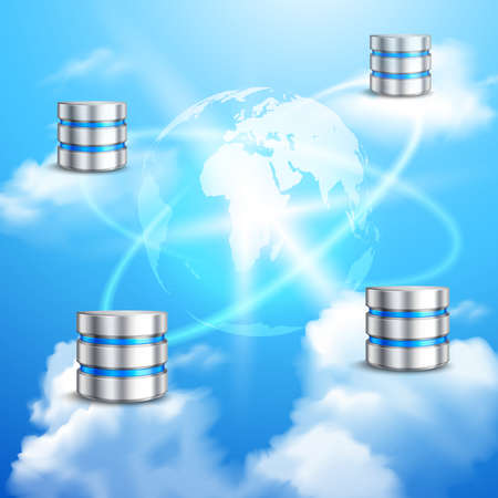 Network data server connected with realistic clouds and globe on background poster vector illustrationのイラスト素材