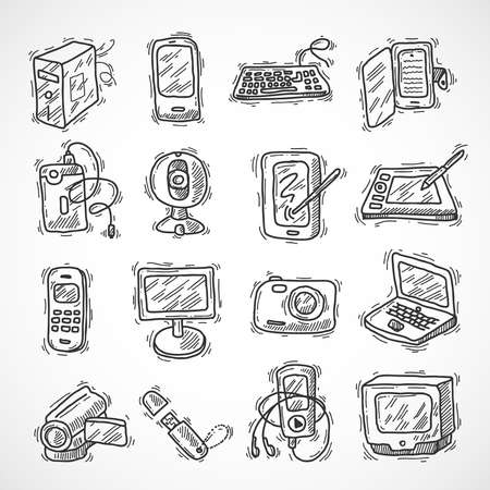 Digital devices sketch set with mobile phone tablet monitor video camera isolated vector illustrationのイラスト素材