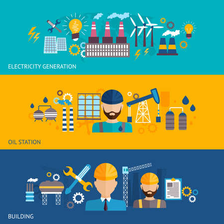 Industrial banner set with factories and plant buildings and engineer avatars isolated vector illustration.のイラスト素材