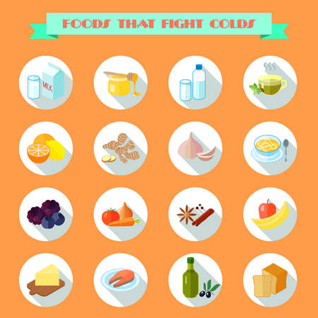 Food that fights cold flat icons set with milk honey water tea isolated vector illustrationのイラスト素材