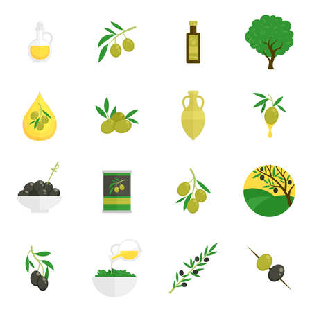 Olives flat icons set with tree oil branch leaf isolated vector illustrationのイラスト素材