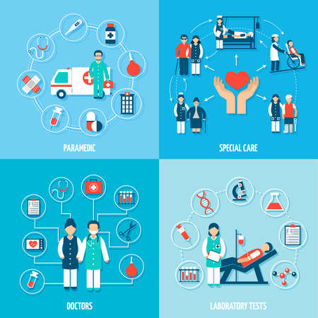 Medical personnel set with paramedic special care doctors and laboratory tests isolated vector illustrationのイラスト素材