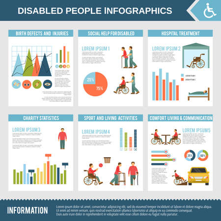 Disabled infographics set with social help hospital treatment and charts vector illustrationのイラスト素材