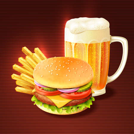 Hamburger french fries and beer glass mug realistic background vector illustrationのイラスト素材