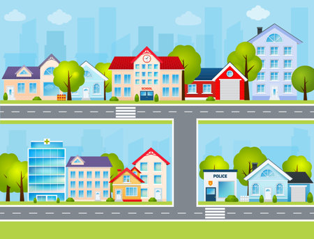 Flat town buildings with private houses school police office vector illustrationのイラスト素材