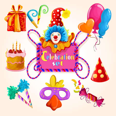 Celebration decorative icons colored set with clown balloon gift box isolated vector illustrationのイラスト素材