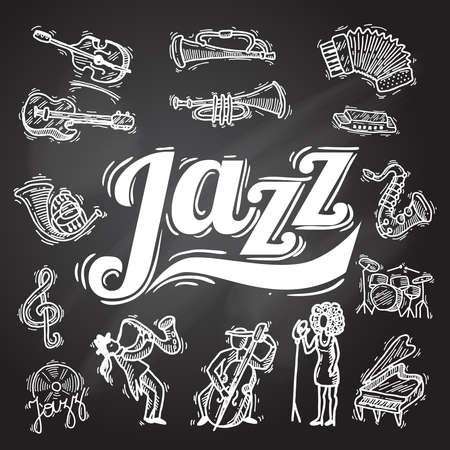 Jazz music decorative icons chalkboard set with instruments musicians and vinyl isolated vector illustrationのイラスト素材
