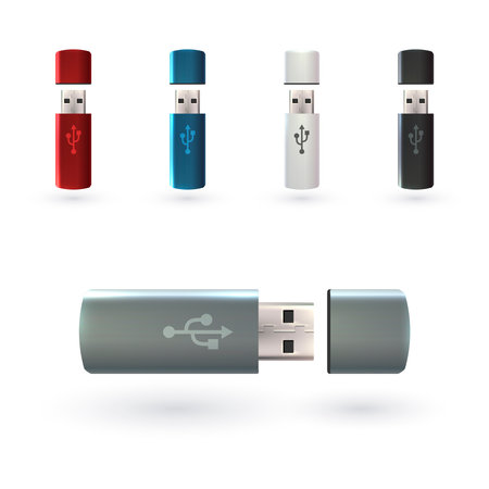 USB flash drive portable data devices set realistic decorative icons isolated vector illustrationのイラスト素材