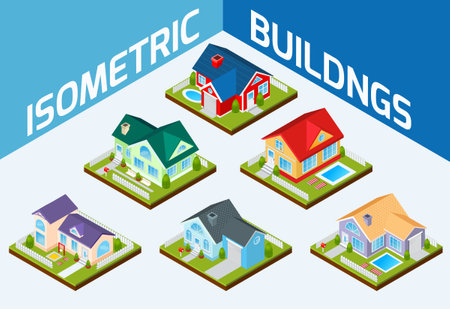 Private house real estate decorative icons set 3d isometric isolated vector illustrationのイラスト素材