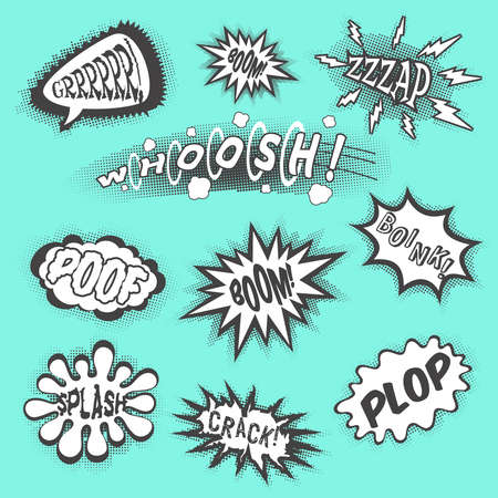 Comic sounds abstract cartoon text bubbles black set isolated vector illustrationのイラスト素材