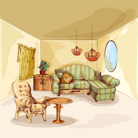 Living room interior sketch background with armchair sofa mirror and table vector illustrationのイラスト素材