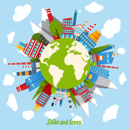 Clean and green energy concept with industrial buildings around the globe vector illustrationのイラスト素材