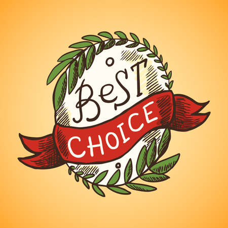 Best choice colored sketch label with ribbon and wreath vector illustrationのイラスト素材