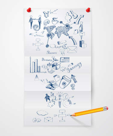 Folded paper sheet with business symbols pushpins and pencil vector illustrationのイラスト素材