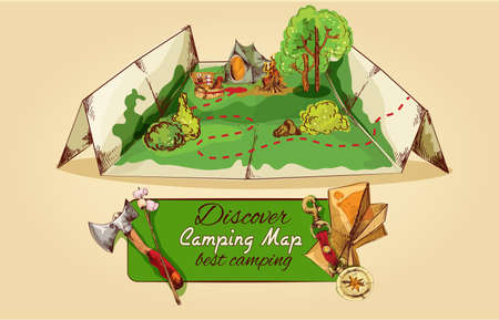 Tourist camping map sketch with axe tent campfire picnic box  vector illustrationのイラスト素材