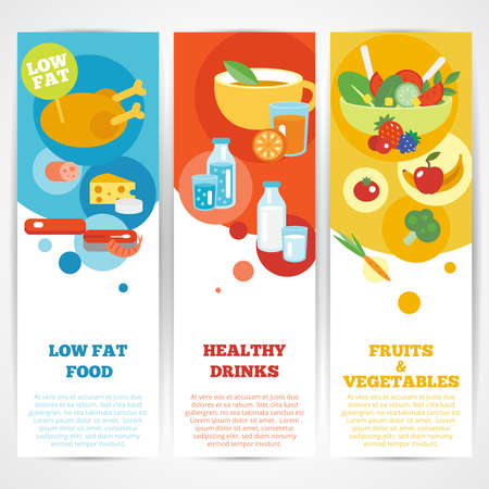 Healthy eating vertical banner set with fruits and vegetables drinks low fat food isolated vector illustrationのイラスト素材