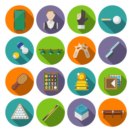 Billiards snooker pool game competition icons flat set isolated vector illustrationのイラスト素材