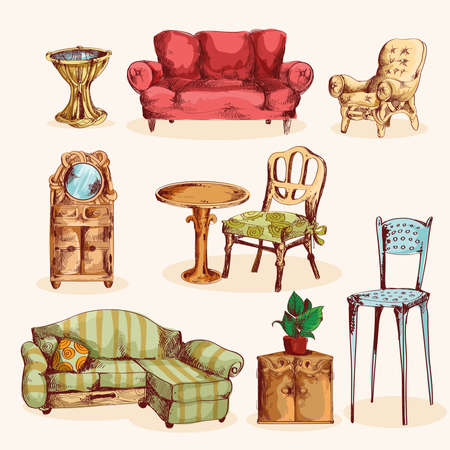 Furniture sketch colored decorative icons set with couch mirror armchair isolated vector illustrationのイラスト素材