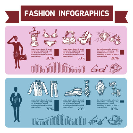 Fashion infographics set with male and female clothes underwear and accessories vector illustrationのイラスト素材