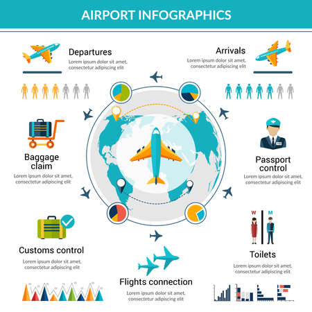 Airport infographic set with security control air vehicle symbols and charts vector illustrationのイラスト素材