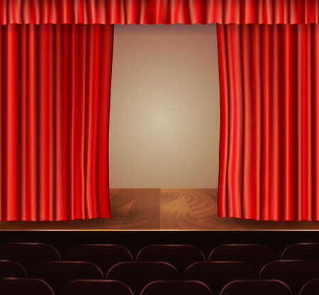 Theater stage with seats wooden floor and red velvet open retro style curtain background vector illustrationのイラスト素材