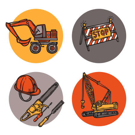 Architecture concept round solid icons composition of crawler crane construction tools stop sign abstract isolated vector illustrationのイラスト素材