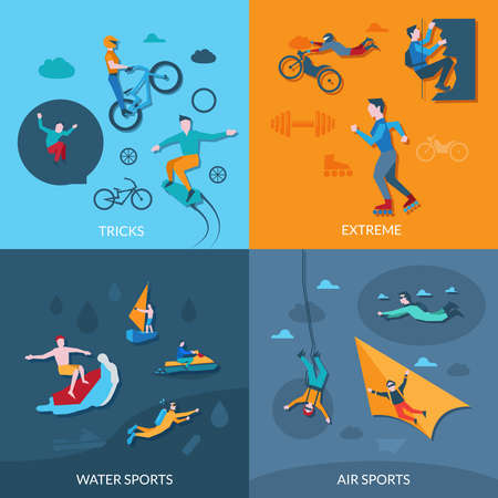 Extreme sports design concept set with tricks water and air flat icons isolated vector illustrationのイラスト素材