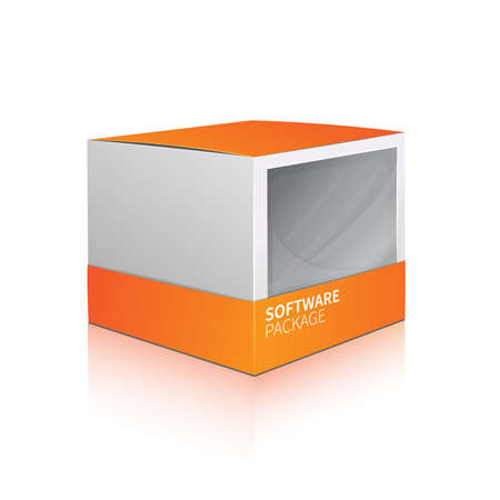 Realistic 3d orange carton software package box isolated on white background vector illustrationのイラスト素材