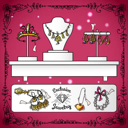 Jewelry shop display with exclusive sketch luxury wedding accessories vector illustrationのイラスト素材