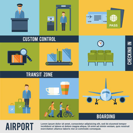 Airport icons decorative set with custom control transit zone boarding checking in isolated vector illustrationのイラスト素材