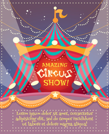 Circus vintage poster with tent and amazing circus show text vector illustrationのイラスト素材