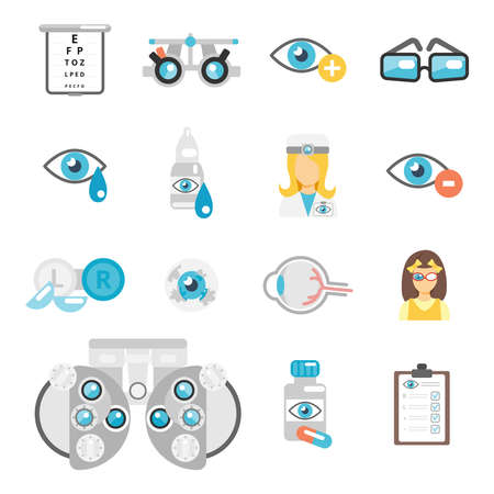 Oculist flat icons set with eye glasses lenses eyeball isolated vector illustrationのイラスト素材