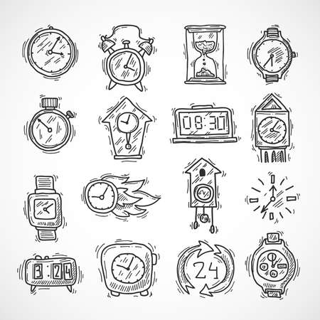 Clock sketch icons set with stopwatch alarm wall and sand clock isolated vector illustrationのイラスト素材