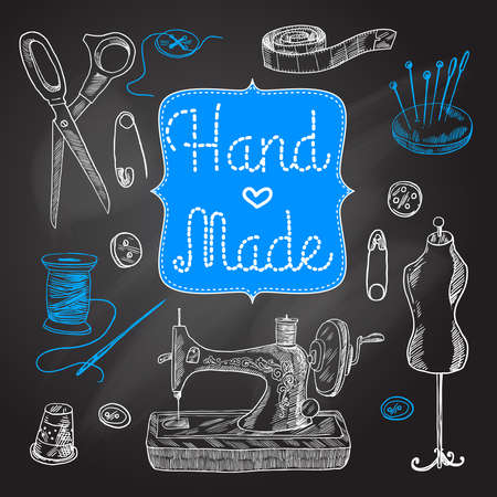 Sewing  and tailoring chalkboard set with machine scissors button vector illustrationのイラスト素材