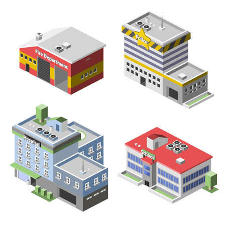Government buildings 3d isometric set with fire department police hospital school isolated vector illustrationのイラスト素材