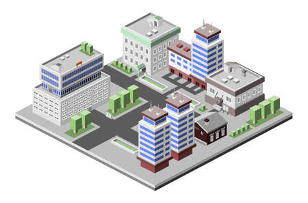 Business center modern 3d urban city office buildings decorative icons set isometric vector illustrationのイラスト素材
