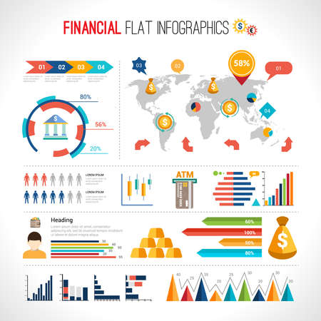 Finance flat infographic set with financial currency exchange business elements with world map vector illustrationのイラスト素材