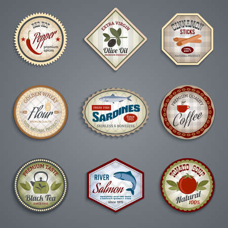 Food labels set with pepper olive oil coffee tomato soup isolated vector illustrationのイラスト素材