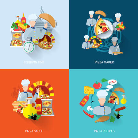 Pizza maker flat icons set with cooking time sauce recipes isolated vector illustrationのイラスト素材