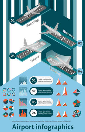 Airport infographic set with isometric boarding runway takeoff landing elements and charts vector illustrationのイラスト素材