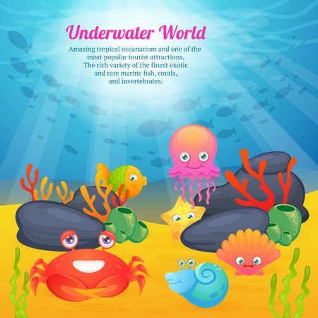 Exotic underwater world  tropical oceanarium  cartoon creatures  cute star fishes corals animals advertisement poster abstract vector illustration.のイラスト素材