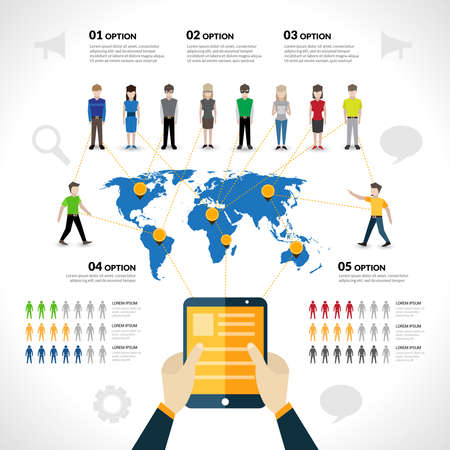 Social network infographics set with people avatars options and world map vector illustrationのイラスト素材