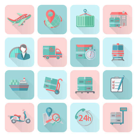 Logistic chain cargo global export freight shipping icons flat set isolated vector illustration.のイラスト素材