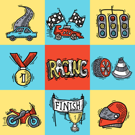 Racing design concept set with auto sport sketch decorative icons isolated vector illustrationのイラスト素材