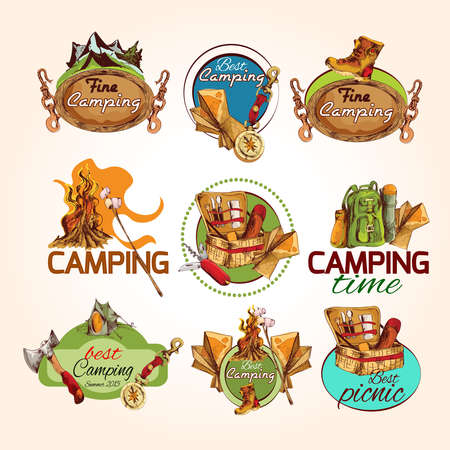 Camping time best fine summer picnic sketch colored emblems set isolated vector illustrationのイラスト素材