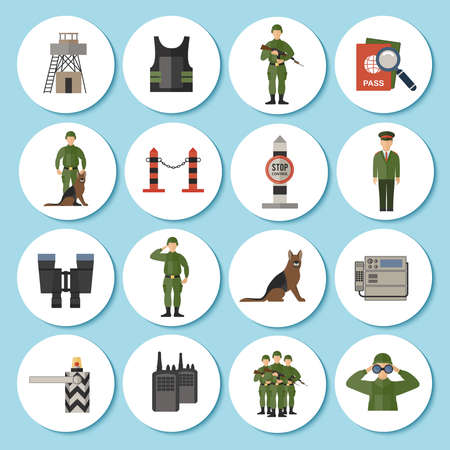 Border Guard icon sticker flat set with soldiers in military uniform camouflage isolated vector illustrationのイラスト素材