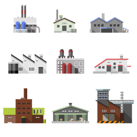 Factory power electricity industry manufactory buildings flat decorative icons set isolated vector illustrationのイラスト素材