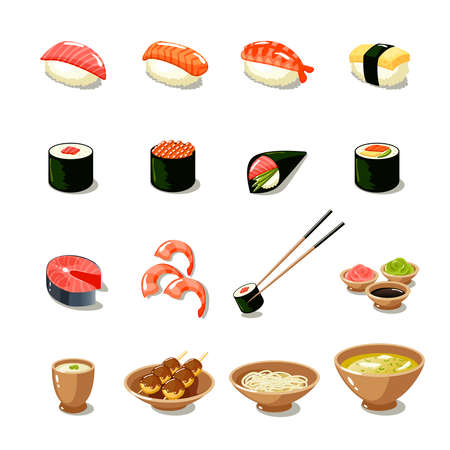 Asia food icon set with sushi rolls sashimi noodle miso isolated vector illustrationのイラスト素材